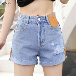 Casual Women High Waist Hole Loose Blue Denim Shorts Spring Summer Streetwear Wide Leg Ladies Jeans 210430