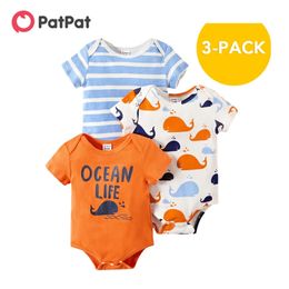Arrival Summer 3-piece Whale Letter Striped Animal Bodysuits Set Baby Rompers Clothing 210528