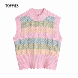 Toppies Pink Vest Sweater Woman Sleeveless Striped Knitted Tops Female Candy Colour Rainbow Waistcoat 210412