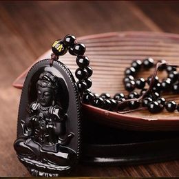 Fine Jewelry Natural Black Obsidian Carved Guanyin Lucky Amulet Pendant Jade Necklace For Women Men