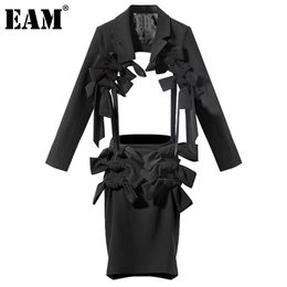 [EAM] Half-body Skirt Two Pieces Bow Asymmetrical Suit Turn-down Collar Long Sleeve Black Women Spring Autumn 1DD6952 21512
