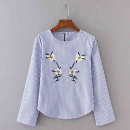 Fashion Women Flower Embroidery Stripe Shirts Vintage Smock Long Sleeve Blouse Casual Tops S1167 210430