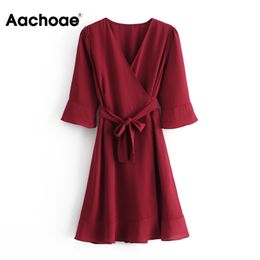 Summer Women Vintage V Neck Wrap Ruffles Half Sleeve Party Mini Dress Female A Line Chic Wine Red Dresses Vestidos 210413