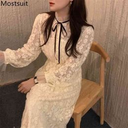 Lace Vintage Elegant Women Dress Stand Collar Full Sleeve Bow Long Dresses Korean Party Sweet Ladies Vestidos Femme 210513