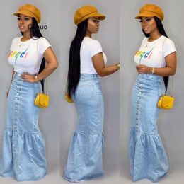 Skirts Casual High Waist Long Denim Skirt Women Elegant Front Button Maxi Jean Fashion Ladies Light Blue Ruched