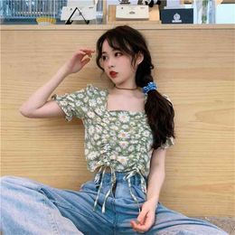 Wonder Daisy Blouse Short Shirts Vintage Chiffon Square Collar Floral Plus Size Ruffle Crop Top lace-up 210510