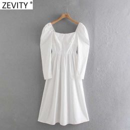 Zevity Women Vintage Square Collar Casual Slim White Midi Dress Female Chic Puff Sleeve Back Zipper Elastic Vestido DS8191 210603