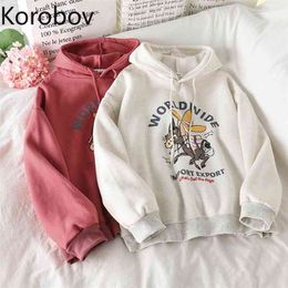 Korobov Autumn Winter Kawaii Warm Thick Women Sweatshirts Korean Letter Cartoon Print Hoodies Preppy Style Outwear Tops 210430