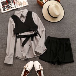 Spring Autumn Women Long Sleeve Shirts + Vest Black Shorts 3 pcs sets Female Fashion Suits A644 210428