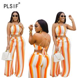 Summer Beach Crop Top And Long Pant Set Striped 2 Pieces Outfits Lady Matching Suit X0428
