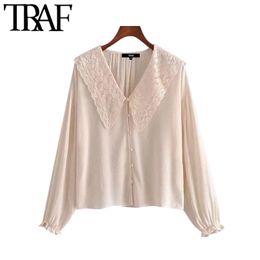 TRAF Women Fashion With Embroidery Collar Loose Blouses Vintage V Neck Long Sleeve Female Shirts Blusas Chic Tops 210415