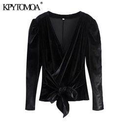 Women Fashion With Bow Tied Velvet Blouses Wrap V Neck Long Sleeve Female Shirts Blusas Chic Tops 210420