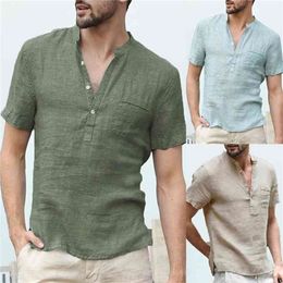 Men's Flax Linen T-Shirt Slim Fit Cotton Linen Short Sleeve Basic Top Casual Button Men T-Shirts 210409