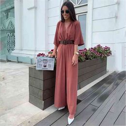 Foridol wide leg casual autumn jumpsuits women long pants loose vintage overalls v neck elegant jumpsuits streetstyle 210415