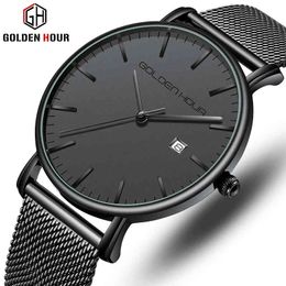 GOLDENHOUR Men Watch Top Brand Fashion Simple Quartz Men's Watch Steel Mesh Waterproof Sports Wrist Watch Men Relogio Masculino 210517