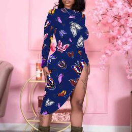 Women Printed Bodycon Dress Skinny Long Sleeves High Slit Elastic Sexy Party Clubwear Night Out Female African Fashion Vestidos 210416