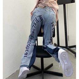 Gothic Letter Embroidery Empire High Waist Casual Panelled Colour Jeans For Women Hip Hop Vintage Chic Washed Denim Pants 210527