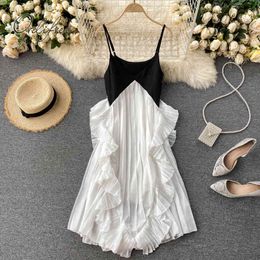 Summer Women White Black Party Slip Draped Ruffle Elegant Vacation Chiffon Midi Dress 210415