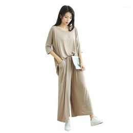 2 Piece Set Women Loose T Shirt + Nine Wide Leg Pants Sleepwear Two Spring Home Wear Sets Casual Cotton1