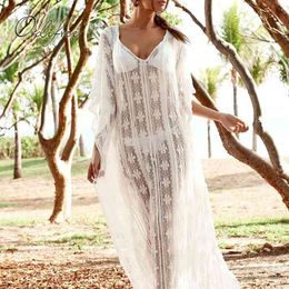 Boho Summer Women Long Beach Sexy Transparent Loose White Lace Maxi Dress 210415