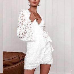white lace wrap short dress sheer hollow out flare long sleeve embriodery praty dress elegant ladies short dress vestido 210415
