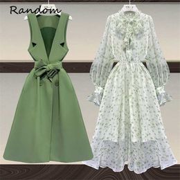 Women Plus Size Green Suit Long Vest Jacket Coat Top And Floral Print Chiffon Dress Two Piece Set Elegant Outfit Office Clothing 211106