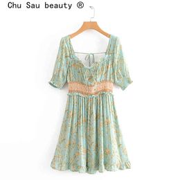 Chu Sau beauty Boho Print Ruffles Mini Dress Women Holiday Fashion Elastic Waist Summer Short Sleeve Backless Dresses 210508