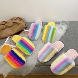 2022 Winter Warm Women Fur Slippers Rainbow Multicolor Indoor Warm Slipper Shoes Furry Bedroom Soft Footwear Ladies Slippers New