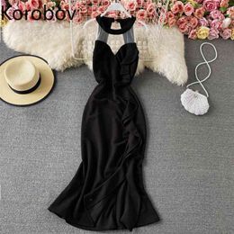 Korobov Elegant Party Dress Women Ruffles Sleeveless Gauze Patchwork Slim Fit Trumpet Dresses Female Slim Waist Vestidos Mujer 210430