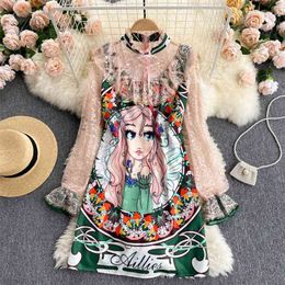 Women Stand Neck Print Mini A-line Dress Spring Summer Sweet Perspective Lace Long Sleeve Contrast Stitching Slim Vestidos S619 210527