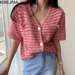 Korejpaa Women Sweater Summer Korean Chic Retro Temperament V-Neck Multi-Pocket Loose Button Short-Sleeved Knitted Cardigan 210526