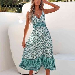 Women Boho Spaghetti Strap Midi Dresses Floral Print Sexy V Neck Sleeveless Beach Summer A Line Backless Dress 210413