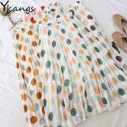 summer Korea chic Multicolor polka dot midi skirt women a-line chiffon pleated skirt female casual Elastic High Waist long skirt 210412
