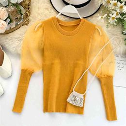 Korean Round Collar Autumn Long Puff Sleeve Casual Shirts Women Solid Color Fashion Clothing Bloue Tops J828 210527