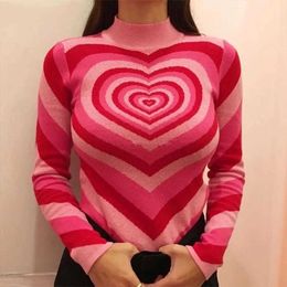 Love striped sweater Colour matching rainbow retro high-neck slim pullover women's autumn Y2K pink heart-shaped knitted 210922