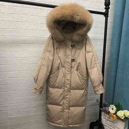 Women Thick Warm Large Real Fur Hooded Coats Oversized White Duck Down Jackets Long Parkas Female Winter Puffer Jacket 210430