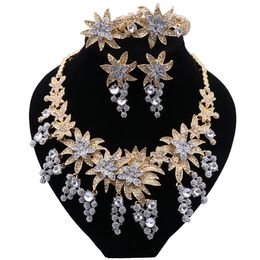 Dubai Fashion Jewellery Sets Elegant Women Gold Colour Flower Necklace Bracelet Party Earrings Ring Luxury Jewellry