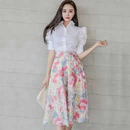 The two-piece Korean version of slim before and after two wear shirt printed skirt suit female 210416