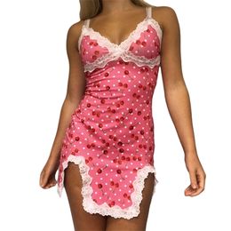 Women's Sexy Bodycon Mini Dress Cute Cherry Print Spaghetti Strap Sleeveless Lace Patchwork Cami Dress 210331