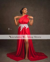 One Shoulder African Prom Dress A Line Satin Slit Occasion Evening Party Gowns for Red Carpet robe soirée femme