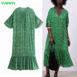 VUWWYV Woman Dresses Green Print Ruffle Plus Size Women Summer Short Sleeve African Vintage Midi Vestidos 210430