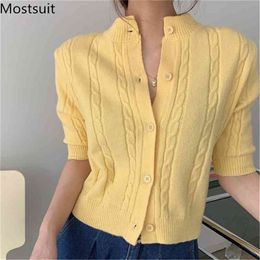 Summer Twisted Knitted Cardigan Women Short Sleeve Single-breasted O-neck Sweater Vintage Elegant Fashion Jumpers Femme 210513