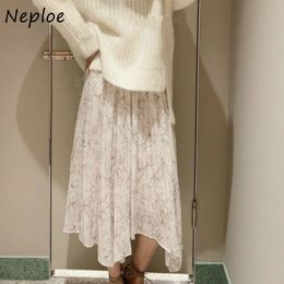 Neploe Stretch Waist Pleated Skirt Elegant Sweet Chic Print Asymmetrical Women Skirts Spring Mid Length Jupe 1H964 210510