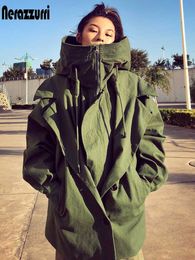 Nerazzurri Oversized armygreen black zip up trench coat for women with hood long sleeve Loose womens fashion windbreaker women 210812