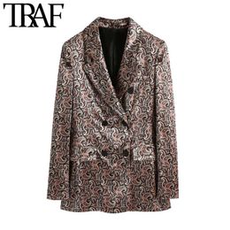 TRAF Women Fashion Double Breasted Paisley Print Velvet Blazer Coat Vintage Long Sleeve Female Outerwear Chic Tops 210415