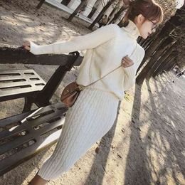 Twist Knitted 2 Piece Women Long Sleeve Turtleneck Pullover Sweater + Split Pencil Set Lady Runway Knitting Skirt Suit 210416