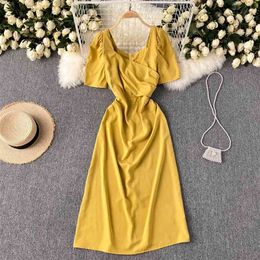 Women Fashion Summer V Neck Short Sleeve Folding Slim Solid Colour Casual A-line Dress Clothing Vestidos S782 210527