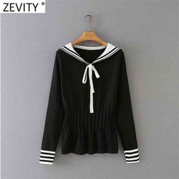 Women Preppy Style Colour Matching Bow Tie Knitting Sweater Female Chic Elastic Waist Ruffles Pullovers Tops S637 210420