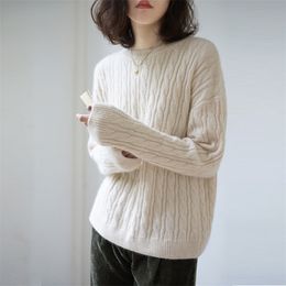 Cashmere Sweater Women Head Round O-Neck Long Sleeve Loose Thick Twist Solid Color Knitted Sweaters Tops autumn winter pullover 210922