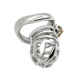 Male Cock Cage with Scrotum Testicle Pouch Stainless Steel Arc Penis Ring Metal Chastity Devices Bondage Restraints Gear Sex Toy P0826